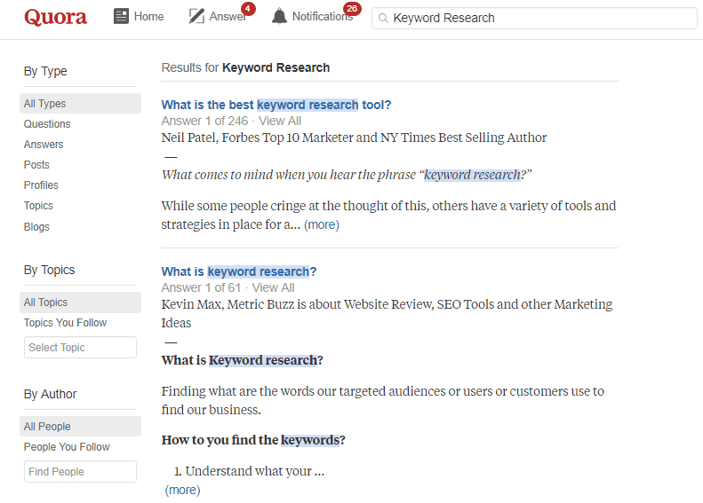 Quora Keyword Research