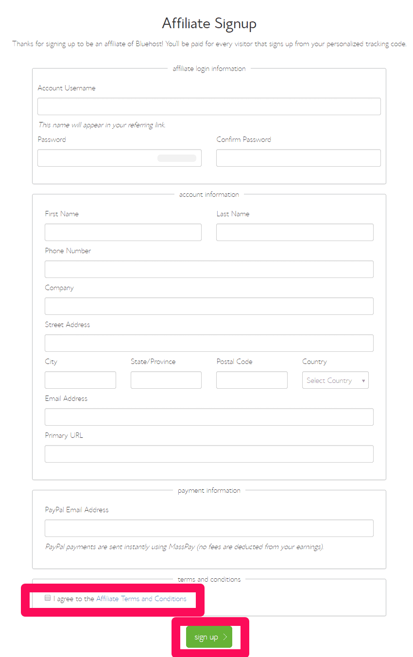 Bluehost U.S Affiliate Program Signup