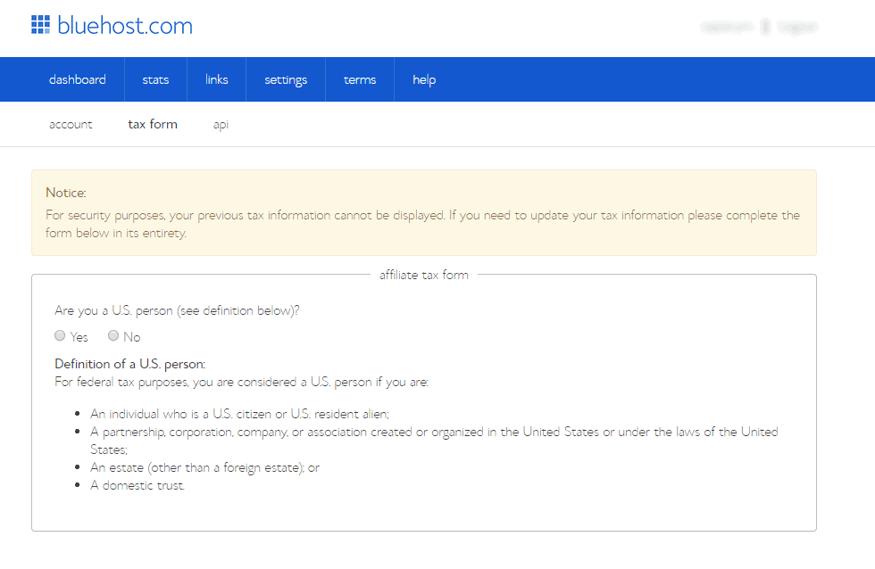 Bluehost.com Edit Tax Information